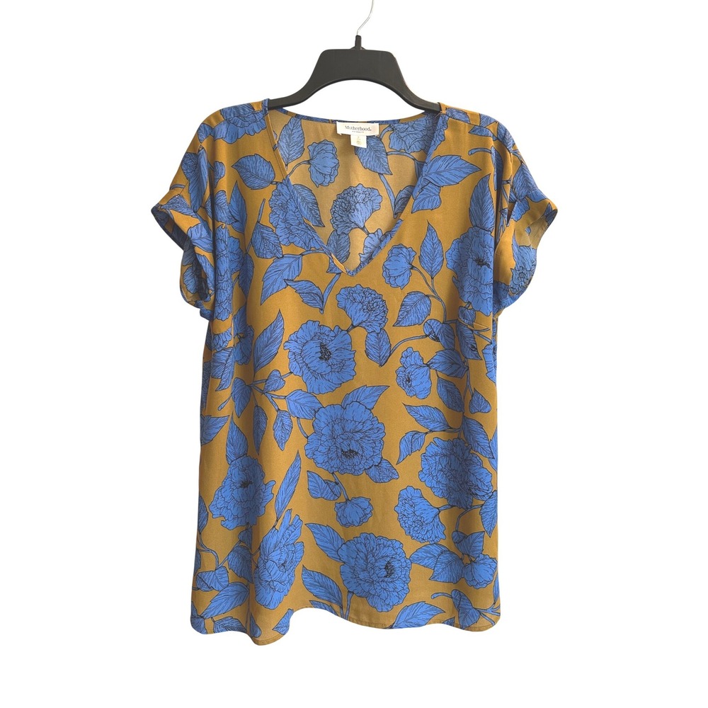 Motherhood Maternity V-Neck Blouse Blue Floral Mustard Yellow Short Sleeve Small